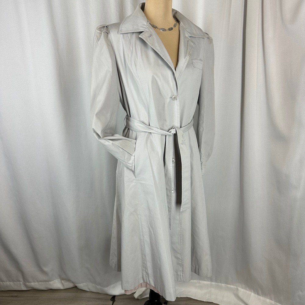 Vintage Light Gray Trench Coat Dress Size 10 Belted Pleated‎ Midi Coat READ